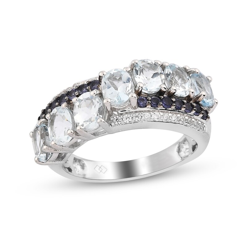 Main Image 1 of Oval Aquamarine, Iolite and White Zircon Triple Row Seven Stone Curved Crossover Ring in Sterling Silver