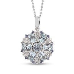Oval and Round Aquamarine, Iolite and White Zirconia Floral Mandala Pendant in Sterling Silver - 20&quot;