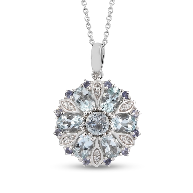 Oval and Round Aquamarine, Iolite and White Zirconia Floral Mandala Pendant in Sterling Silver - 20"