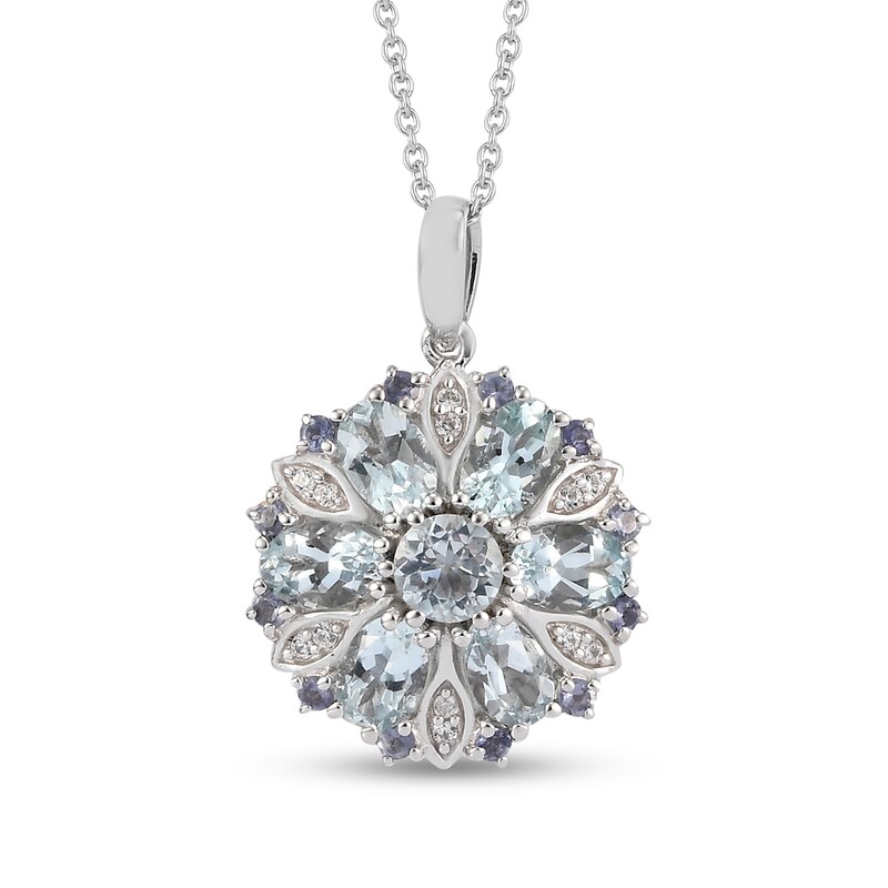 Main Image 1 of Oval and Round Aquamarine, Iolite and White Zirconia Floral Mandala Pendant in Sterling Silver - 20"