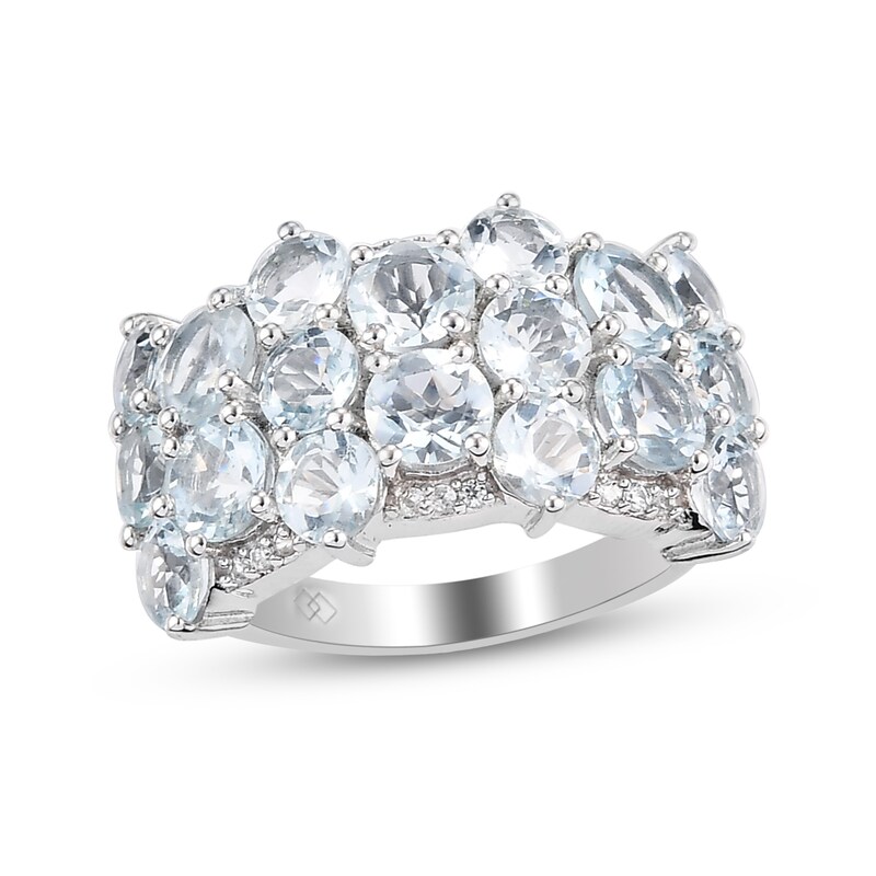 Main Image 1 of Aquamarine and White Zircon Border Cluster Ring in Sterling Silver