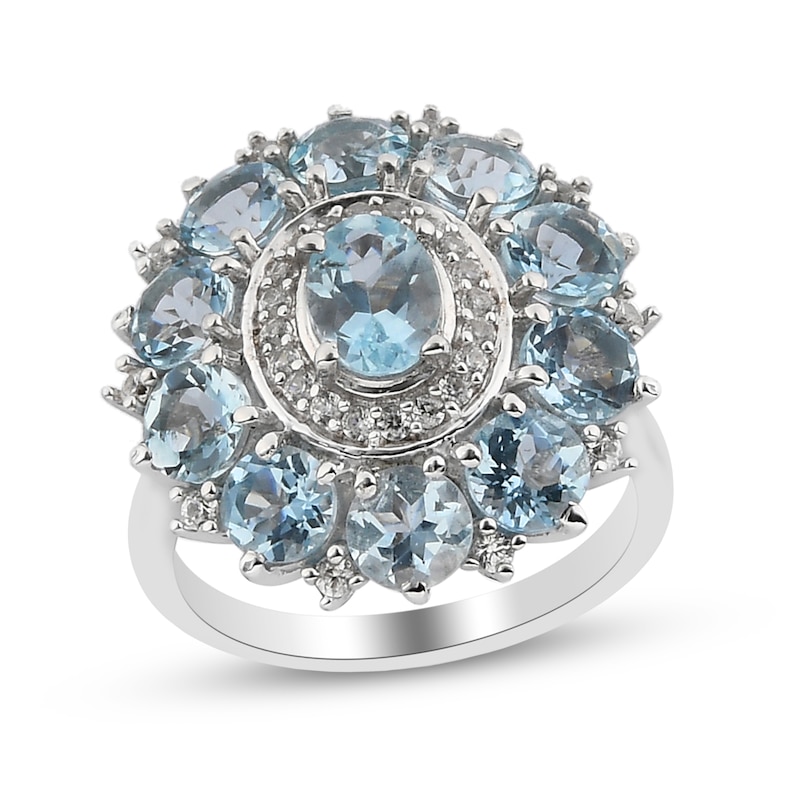 Oval and Round Aquamarine with White Zircon Double Frame Flower Ring in Sterling Silver