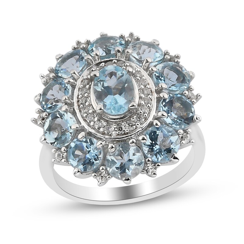 Main Image 1 of Oval and Round Aquamarine with White Zircon Double Frame Flower Ring in Sterling Silver