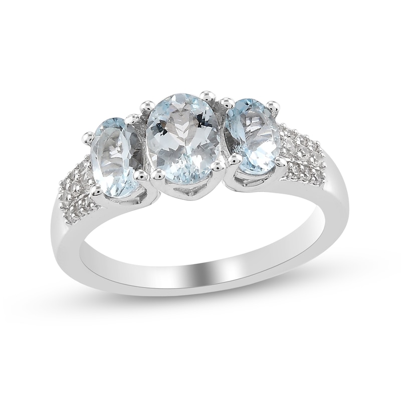 Oval Aquamarine and White Zircon Three Stone Triple Row Ring in Sterling Silver
