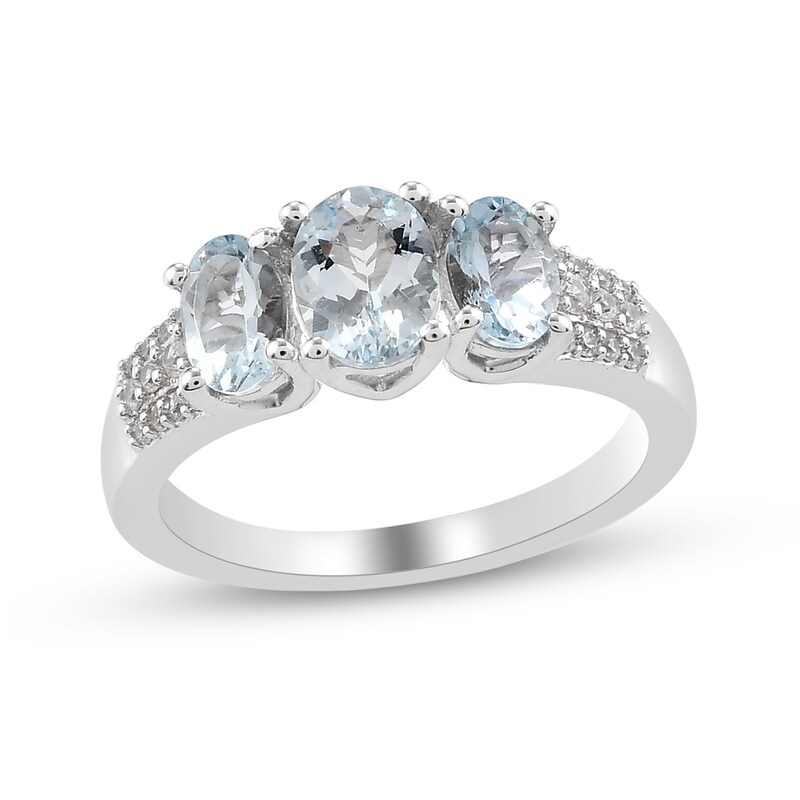 Main Image 1 of Oval Aquamarine and White Zircon Three Stone Triple Row Ring in Sterling Silver