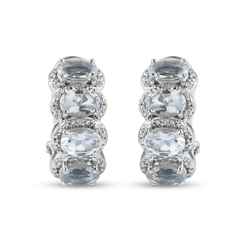 Main Image 1 of Sideways Oval Aquamarine and White Zircon Framed Four Stone Hoop Earrings in Sterling Silver