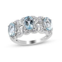 Oval Aquamarine and White Zircon Butterfly Trio Ring in Sterling Silver