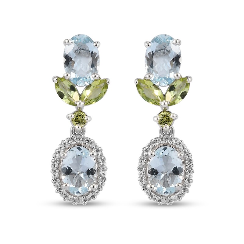 Main Image 1 of Oval Aquamarine, Peridot and White Zircon Frame Floral Double Drop Earrings in Sterling Silver