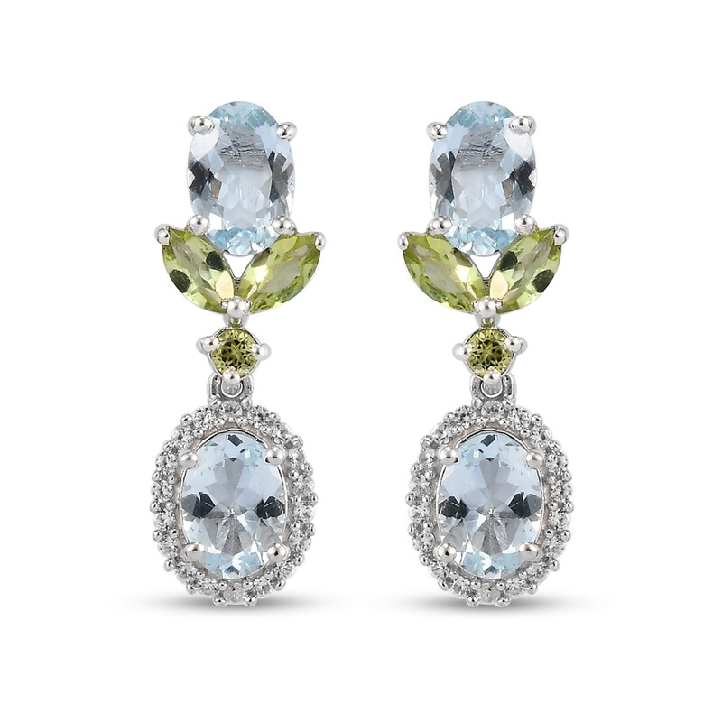 Oval Aquamarine, Peridot and White Zircon Frame Floral Double Drop Earrings in Sterling Silver