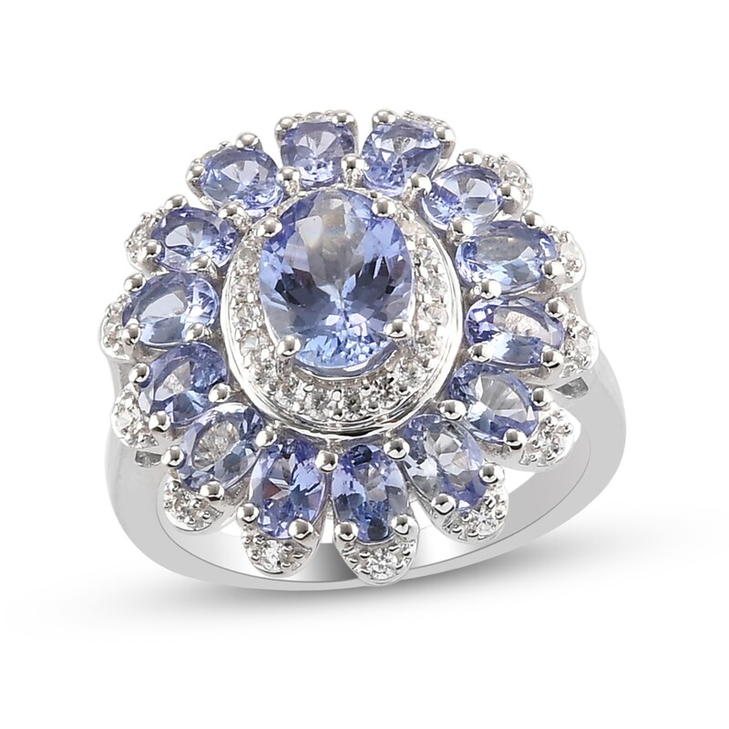 Main Image 1 of Oval Tanzanite and White Zircon Double Frame Flower Ring in Sterling Silver