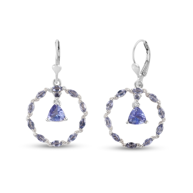 Trillion-Cut Tanzanite Dangle with Marquise and Round Iolite Beaded "S" Open Circle Drop Earrings in Sterling Silver
