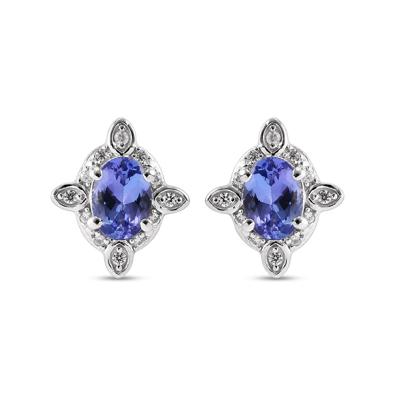 Oval Tanzanite and White Zircon Frame Vintage-Style Compass Stud Earrings in Sterling Silver