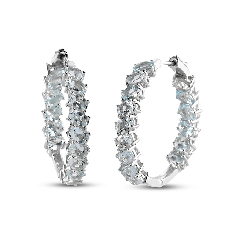 Main Image 1 of Oval Aquamarine Slant Inside-Out Hoop Earrings in Sterling Silver