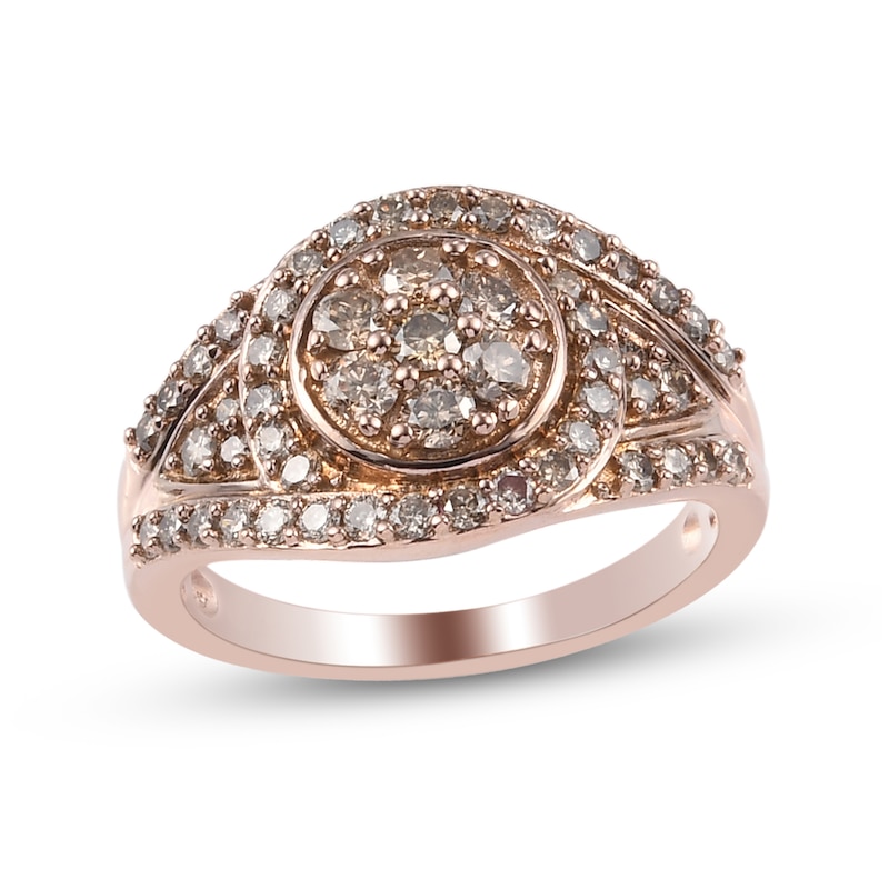 Main Image 1 of 1 CT. T.W. Champagne Multi-Diamond Swirl Bypass Frame Flower Ring in Sterling Silver with 18K Rose Gold Plate