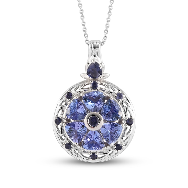 Main Image 1 of Trillion-Cut Tanzanite and Iolite Cut-Out Leaf Frame Floral Medallion Pendant in Sterling Silver - 20"