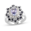 Thumbnail Image 0 of Oval Tanzanite, Iolite and White Zircon Floral Double Frame Cocktail Ring in Sterling Silver