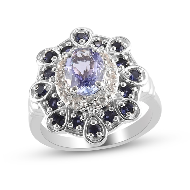 Oval Tanzanite, Iolite and White Zircon Floral Double Frame Cocktail Ring in Sterling Silver