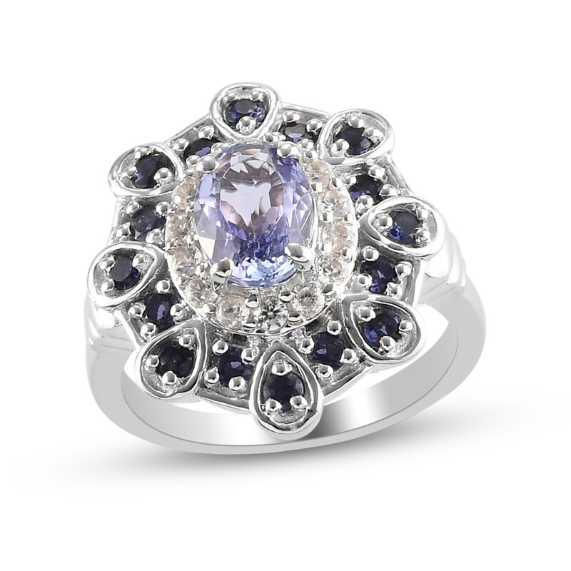 Main Image 1 of Oval Tanzanite, Iolite and White Zircon Floral Double Frame Cocktail Ring in Sterling Silver