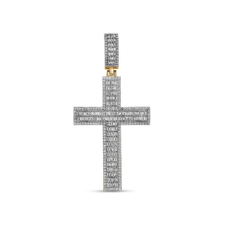 Main Image 1 of Men's 1-3/4 CT. T.W. Baguette and Round Diamond Cross Necklace Charm in 10K Gold