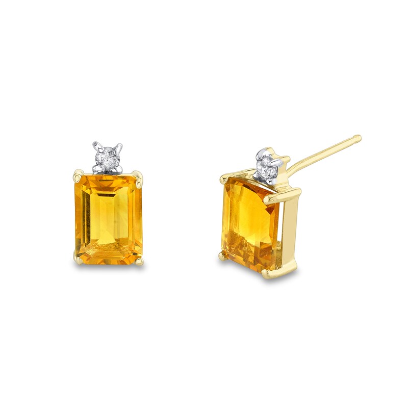 Main Image 1 of Emerald-Cut Citrine and 1/10 CT. T.W. Diamond Stud Earrings in 14K Gold