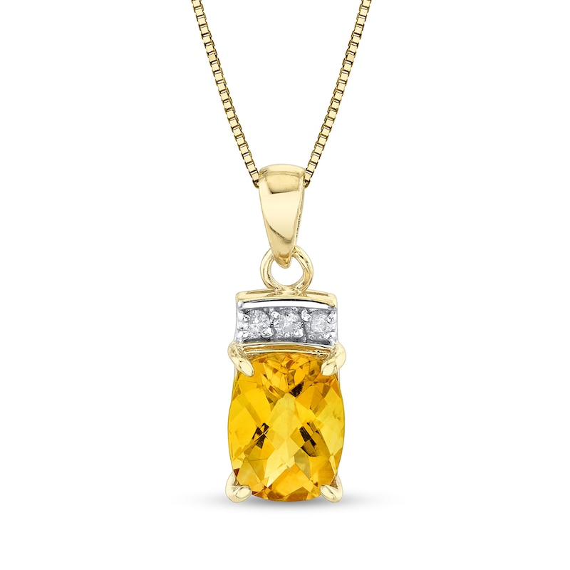 Main Image 1 of Cushion-Cut Citrine and 1/20 CT. T.W. Diamond Tri-Top Drop Pendant in 14K Gold