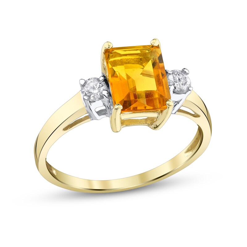 Main Image 1 of Emerald-Cut Citrine and 1/6 CT. T.W. Diamond Side Accent Ring in 14K Gold