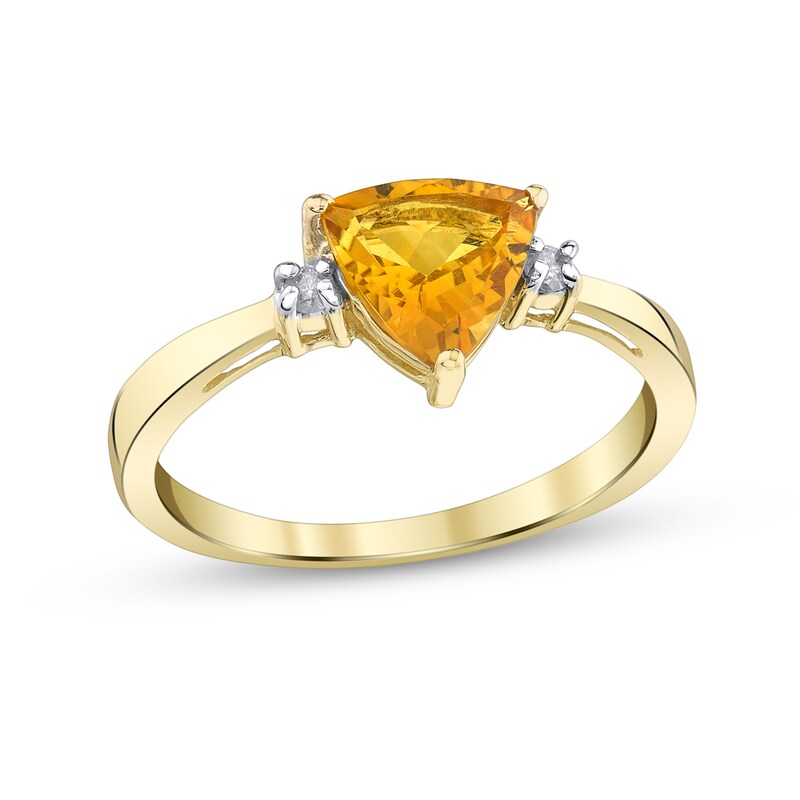 Main Image 1 of 7.0mm Trillion-Cut Citrine and 1/20 CT. T.W. Diamond Side Accent Ring in 14K Gold