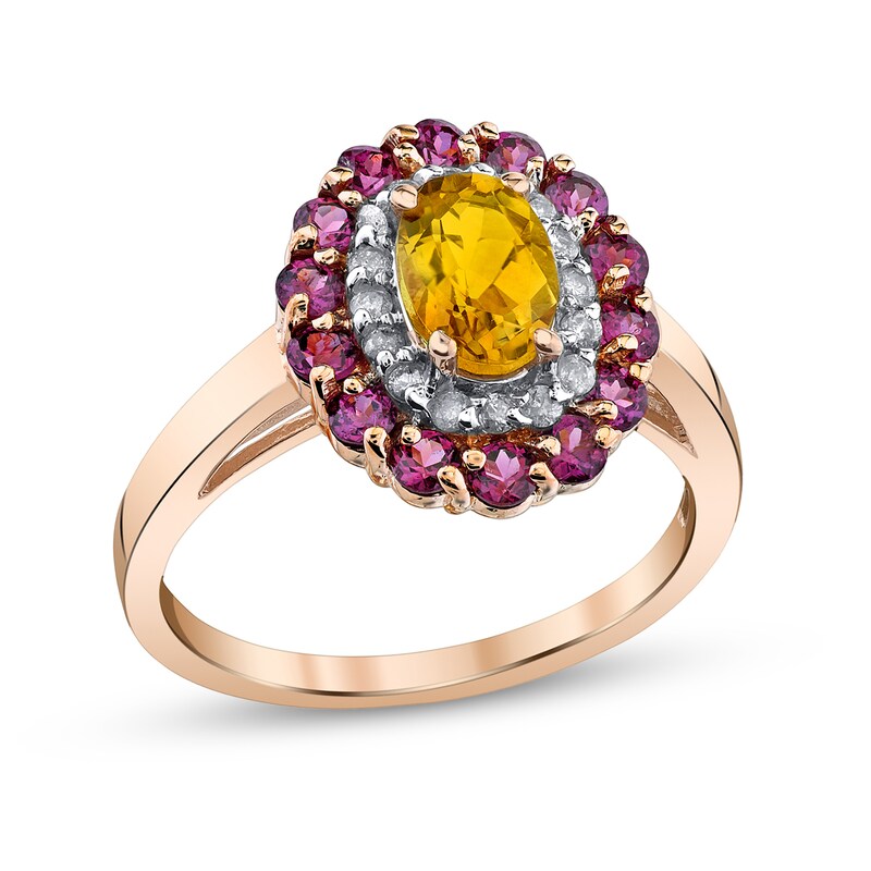 Main Image 1 of Oval Citrine, Rhodolite Garnet and 1/6 CT. T.W. Diamond Double Frame Ring in 14K Rose Gold