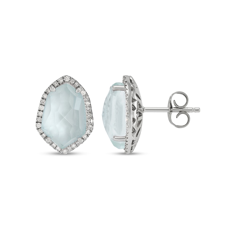 Abstract Faceted Aquamarine and 1/6 CT. T.W. Diamond Frame Geometric Stud Earrings in Sterling Silver