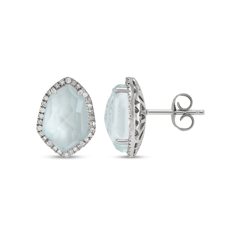 Main Image 1 of Abstract Faceted Aquamarine and 1/6 CT. T.W. Diamond Frame Geometric Stud Earrings in Sterling Silver