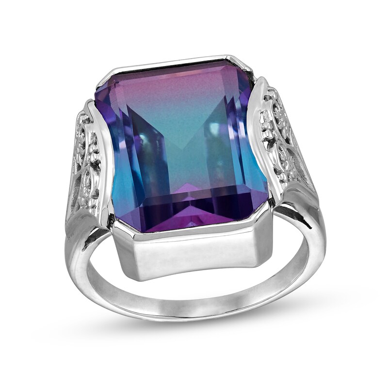 Main Image 1 of Emerald-Cut Blue Quartz Doublet Ornate Cocktail Ring in Sterling Silver