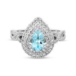 Pear-Shaped Aquamarine and 1/2 CT. T.W. Diamond Double Frame Twist Shank Engagement Ring in 14K White Gold