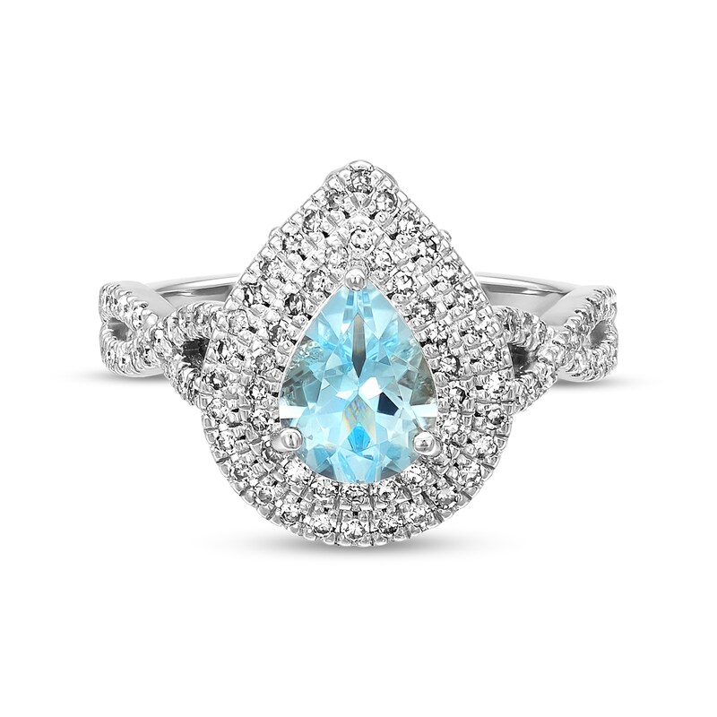 Main Image 1 of Pear-Shaped Aquamarine and 1/2 CT. T.W. Diamond Double Frame Twist Shank Engagement Ring in 14K White Gold