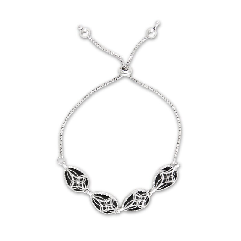 Main Image 1 of Sideways Pear-Shaped Onyx with Diamond-Cut Beaded Cross Overlay Vintage-Style Bolo Bracelet in Sterling Silver - 10"