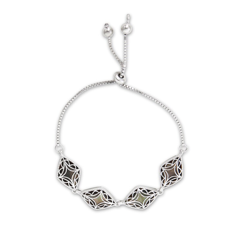 Main Image 1 of Black Onyx Bead Frame with Diamond-Cut Art Deco Overlay Kite-Shaped Bolo Bracelet in Sterling Silver - 10"