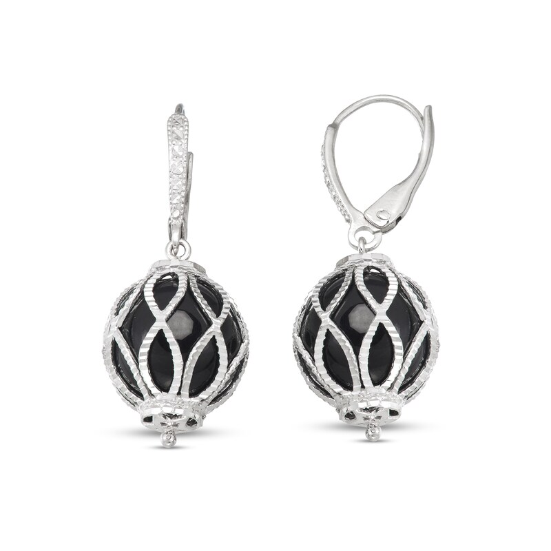 Main Image 1 of 12.0mm Black Onyx Bead Diamond-Cut Beaded Ornate Cage Drop Earrings in Sterling Silver