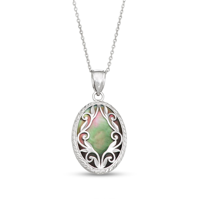 Main Image 1 of Oval Black Mother-of-Pearl Rope Frame with Diamond-Cut Leaf Vine Overlay Vintage-Style Drop Pendant in Sterling Silver