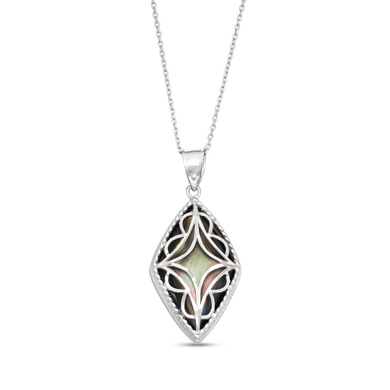 Main Image 1 of Black Mother-of-Pearl Bead Frame with Diamond-Cut Art Deco Overlay Kite-Shaped Drop Pendant in Sterling Silver