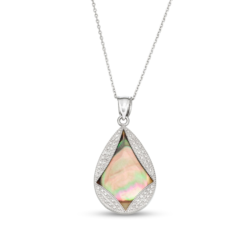 Main Image 1 of Pear-Shaped Black Mother-of-Pearl with Diamond-Cut Beaded Pendulum Cut-Out Overlay Drop Pendant in Sterling Silver