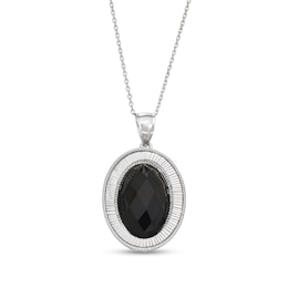 Oval Black Onyx Diamond-Cut Zig-Zag Frame with Rope Border Pendant in Sterling Silver