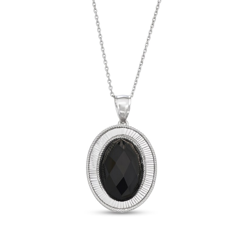 Main Image 1 of Oval Black Onyx Diamond-Cut Zig-Zag Frame with Rope Border Pendant in Sterling Silver