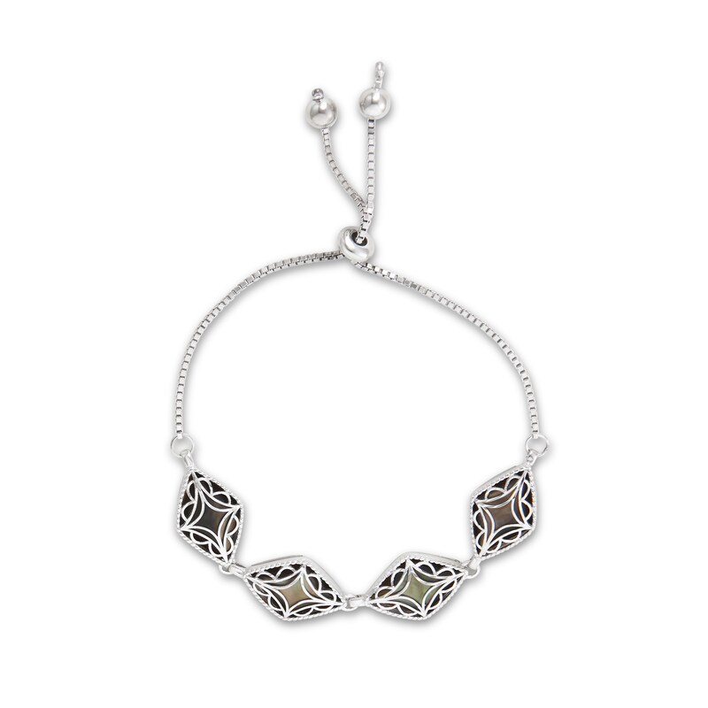 Main Image 1 of Black Mother-of-Pearl Bead Frame with Diamond-Cut Art Deco Overlay Kite-Shaped Bolo Bracelet in Sterling Silver - 10"