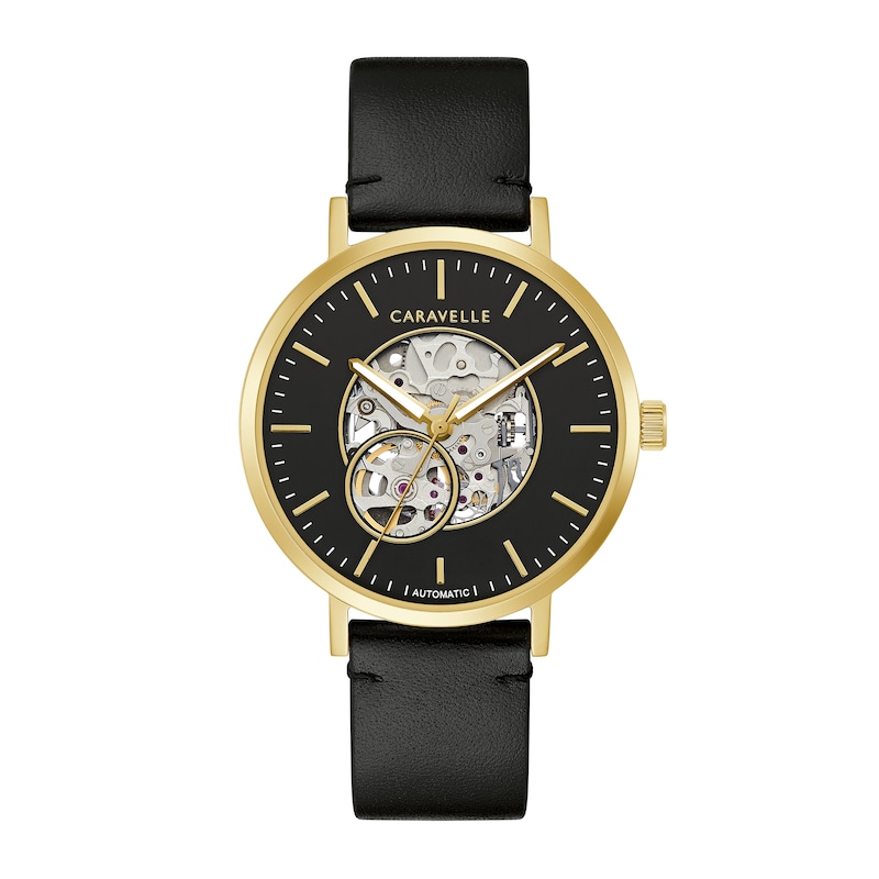 Main Image 1 of Men's Caravelle by Bulova Automatic Gold-Tone Strap Watch with Black Skeleton Dial (Model: 44A121)