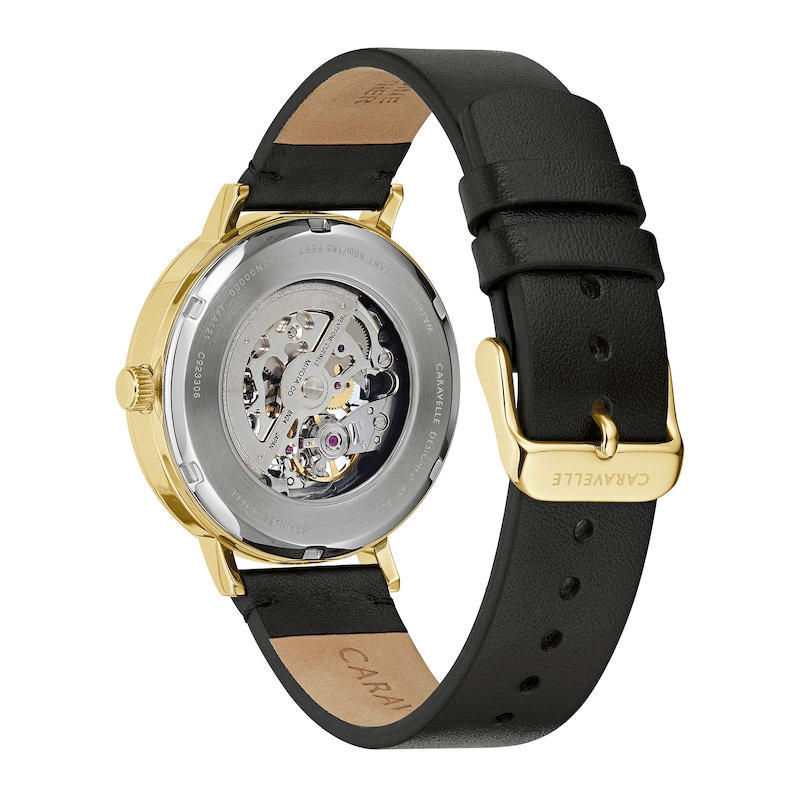 Main Image 3 of Men's Caravelle by Bulova Automatic Gold-Tone Strap Watch with Black Skeleton Dial (Model: 44A121)
