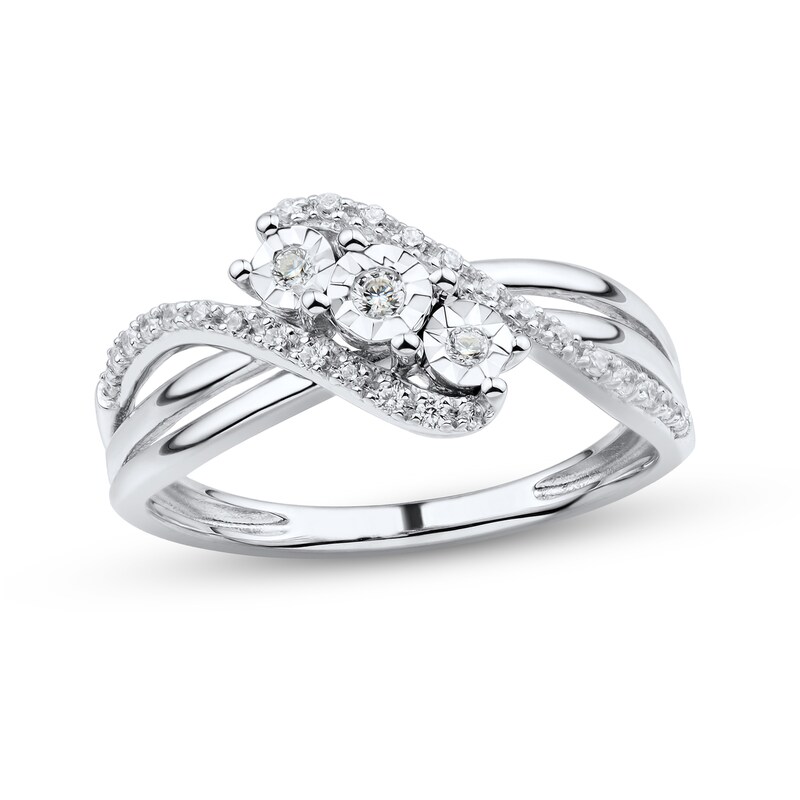 Main Image 1 of 1/6 CT. T.W. Diamond Three Stone Bypass Twist Shank Engagement Ring in 10K White Gold
