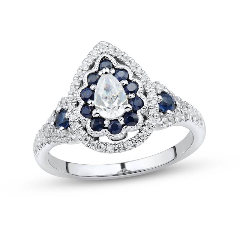 Main Image 1 of 5/8 CT. T.W. Pear-Shaped Diamond and Blue Sapphire Double Frame Engagement Ring in 14K White Gold
