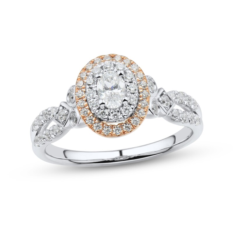 Main Image 1 of 5/8 CT. T.W. Oval Diamond Double Frame Split Shank Engagement Ring in 14K Two-Tone Gold