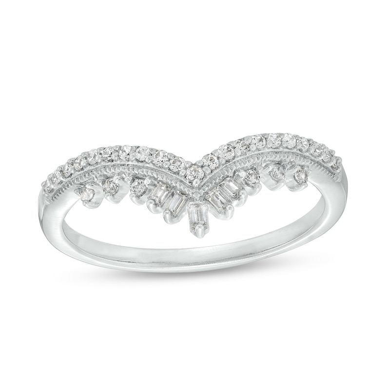 Main Image 1 of 1/5 CT. T.W. Baguette and Round Diamond Vintage-Style Contour Anniversary Band in 14K White Gold