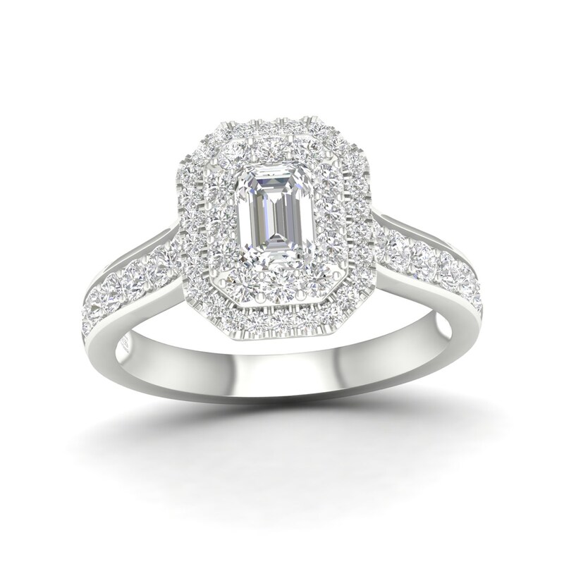 Main Image 1 of Trouvaille Collection 1-1/2 CT. T.W. DeBeers®-Graded Emerald-Cut Diamond Frame Engagement Ring in Platinum (F/SI2)