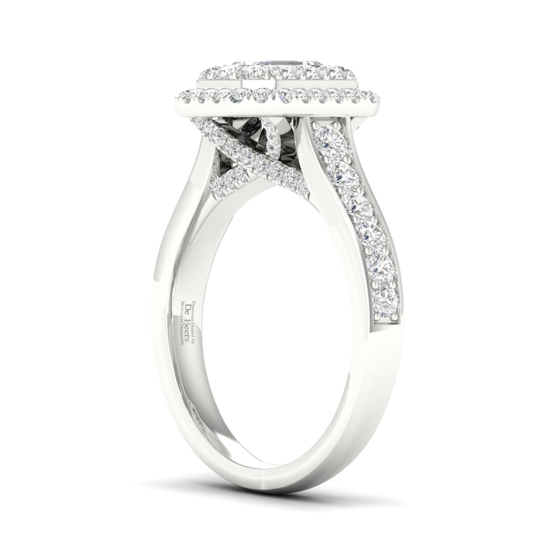 Main Image 2 of Trouvaille Collection 1-1/2 CT. T.W. DeBeers®-Graded Emerald-Cut Diamond Frame Engagement Ring in Platinum (F/SI2)